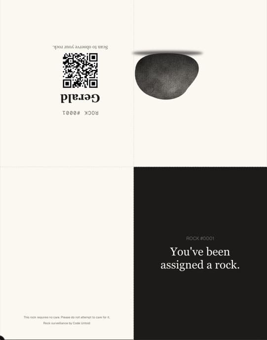 Fold-out gift card: You've been assigned a rock.